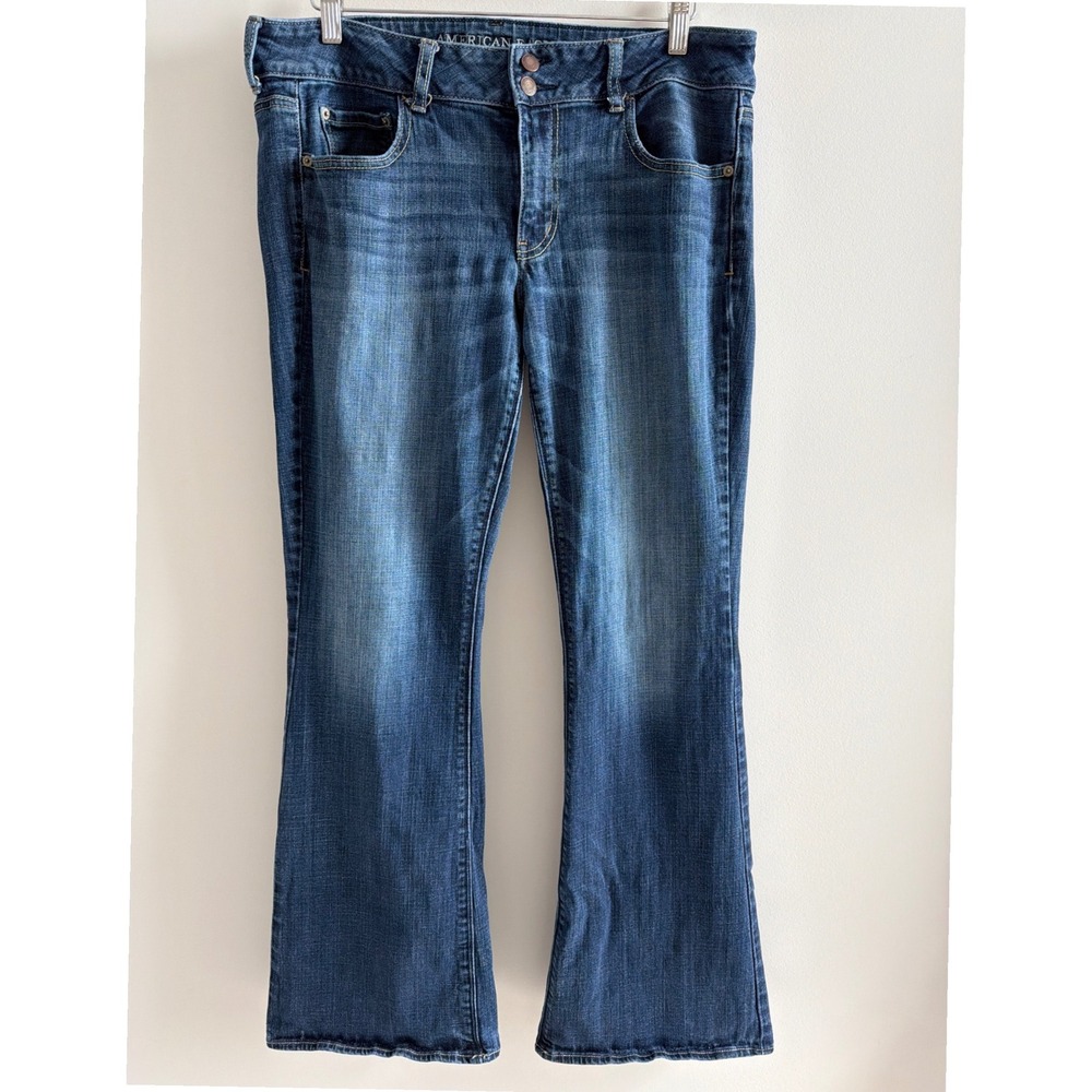 American Eagle Artist Flare Jeans Dark Wash Double Button Stretch Denim 14 Long